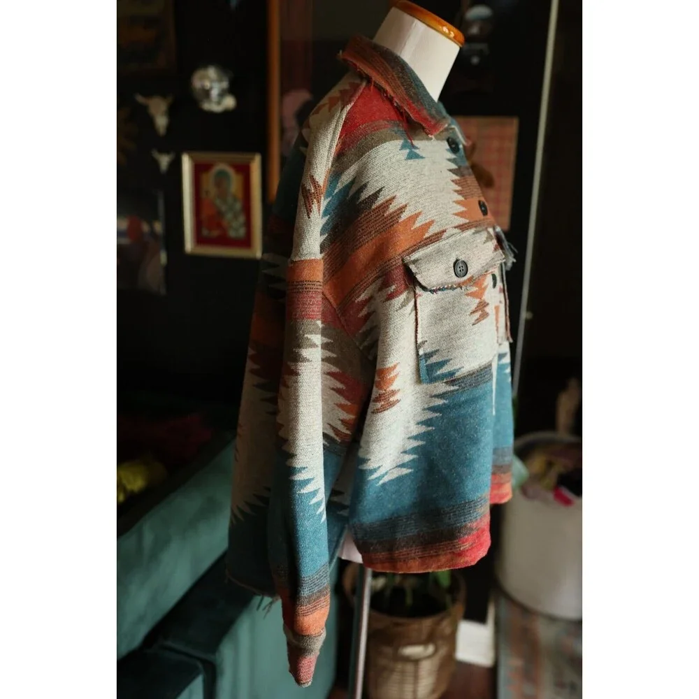 Boho Aztec Tribal Southwestern Print Shacket Yellowstone Shirt Jacket Coat L - Picture 7 of 12
